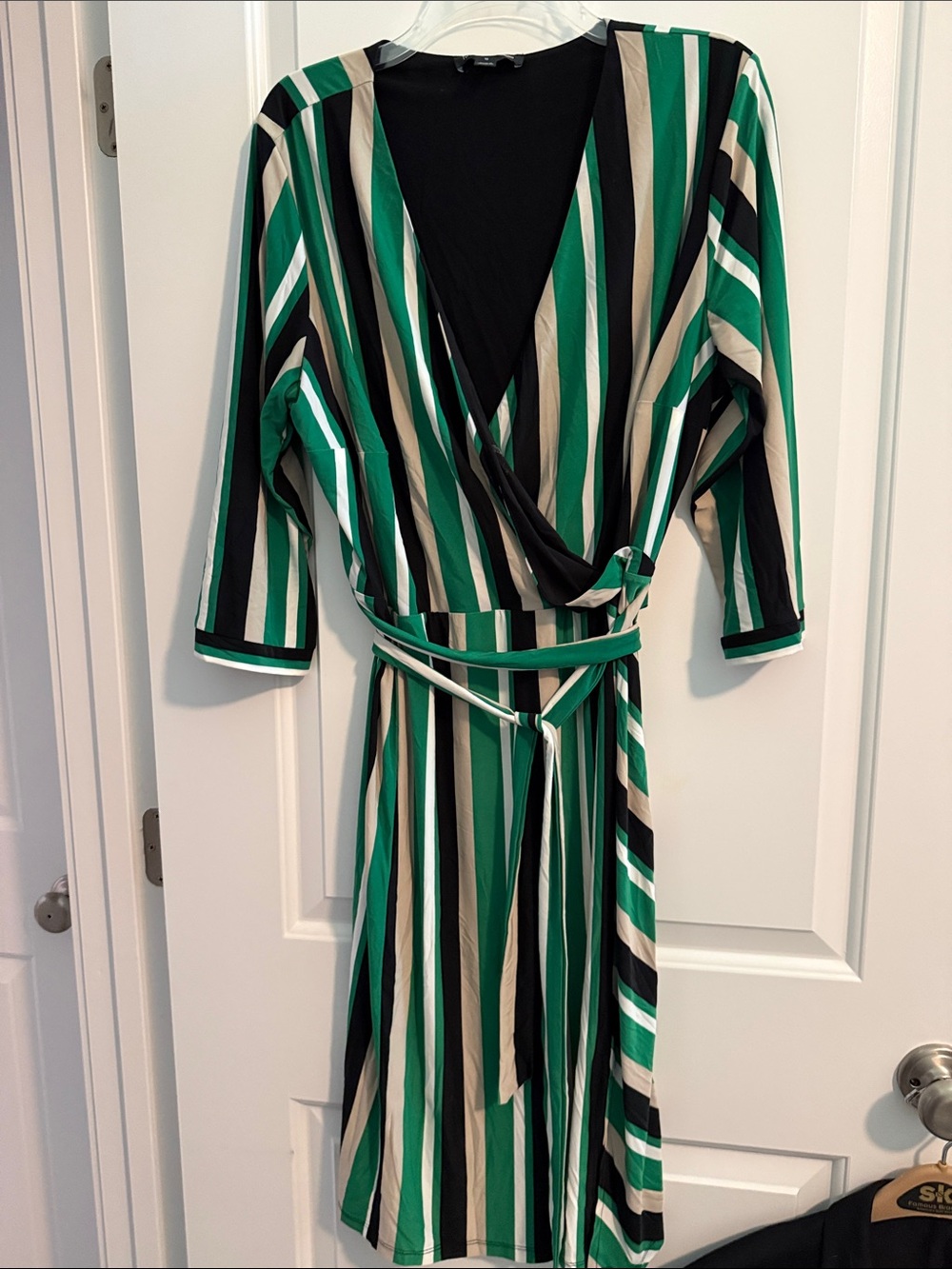 INC International Concepts Green Black Cream Striped Midi Wrap Dress-1X